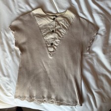 VINTAGE 1970s Union Made In The USA KORET CITY BLUE Tan Button Short Sleeve Top