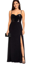 Lipsy Black Sequin Maxi Dress 18 Side Split Evening Party Occasion Sparkly