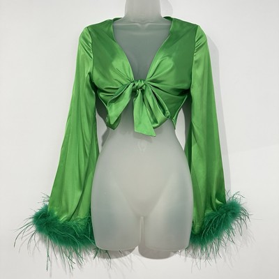 WHITE FOX Tie Front Satin Crop Top Small Green Feather Bratz Retro