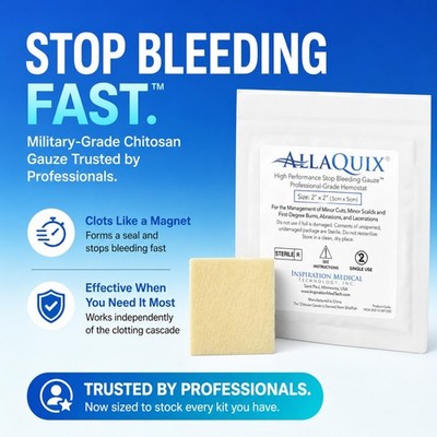 Stop Bleeding Gauze for Blood Thinners, Chitosan Hemostatic, AllaQuix  2x2 4x4