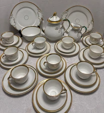 Old Paris Porcelain DESSERT SET Pot/Crm/Sug/10 Cups/Saucers/Plates 35pcs 19thC