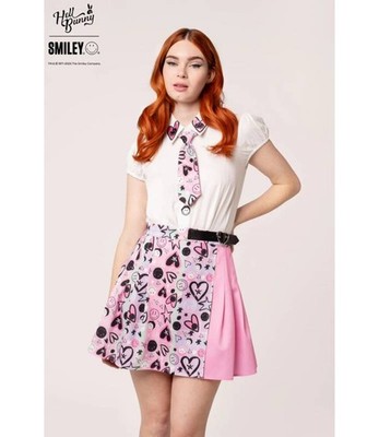 HELL BUNNY Robbie Skirt Rosa Y Negro Mini Falda Plisada Con Corazones Smiley Heb