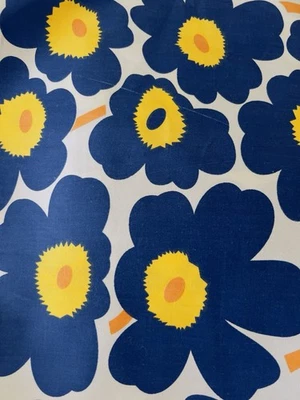 BOLD BLUE YELLOW FLOWER COTTON DECOR FABRIC MARIMEKKO UNNIKO STYLE 64” WIDE BTY - Image 1 of 4