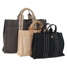 HERMES Fourre Tout Hand Bag Canvas 3 Set Orange Gray black Auth fm5167