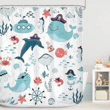 Kids Ocean Shower Curtain 60Wx72H Funny Whale Cute Teal Blue Cartoon Sea