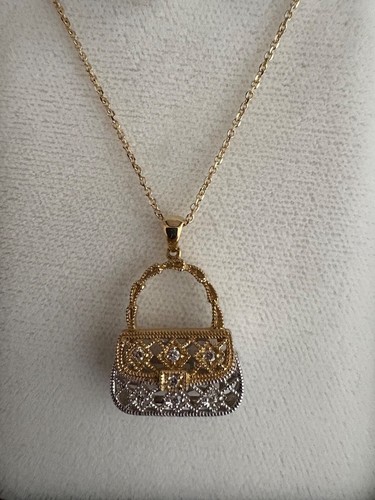 Gold and White Gold Diamond Necklace Filigree Purse Pendant 14k - Picture 2 of 5