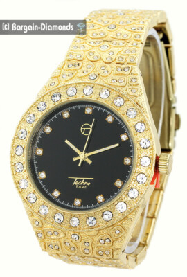 Mens 43 mm Gold Nugget CZ Clubbing Watch/Case Black Dial 8.5'' Bracelet