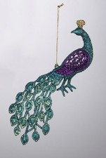 KURT S. ADLER ACRYLIC PEACOCK TEAL w/ GOLD  FUSCHIA GLITTER CHRISTMAS ORNAMENT