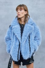 Women Blue Oversized Belted Luxury Faux Fur Long Length Biker Jacket. Uk S M L