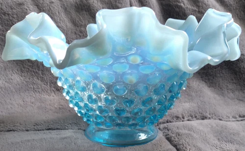 Vintage Fenton Glass Hobnail Candy Dish Fan Top Blue Opalescent Ruffled Edge