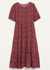 NEW Old Navy Maroon Pink Orange Floral Puff Sleeve Tiered Midi Swing Dress M