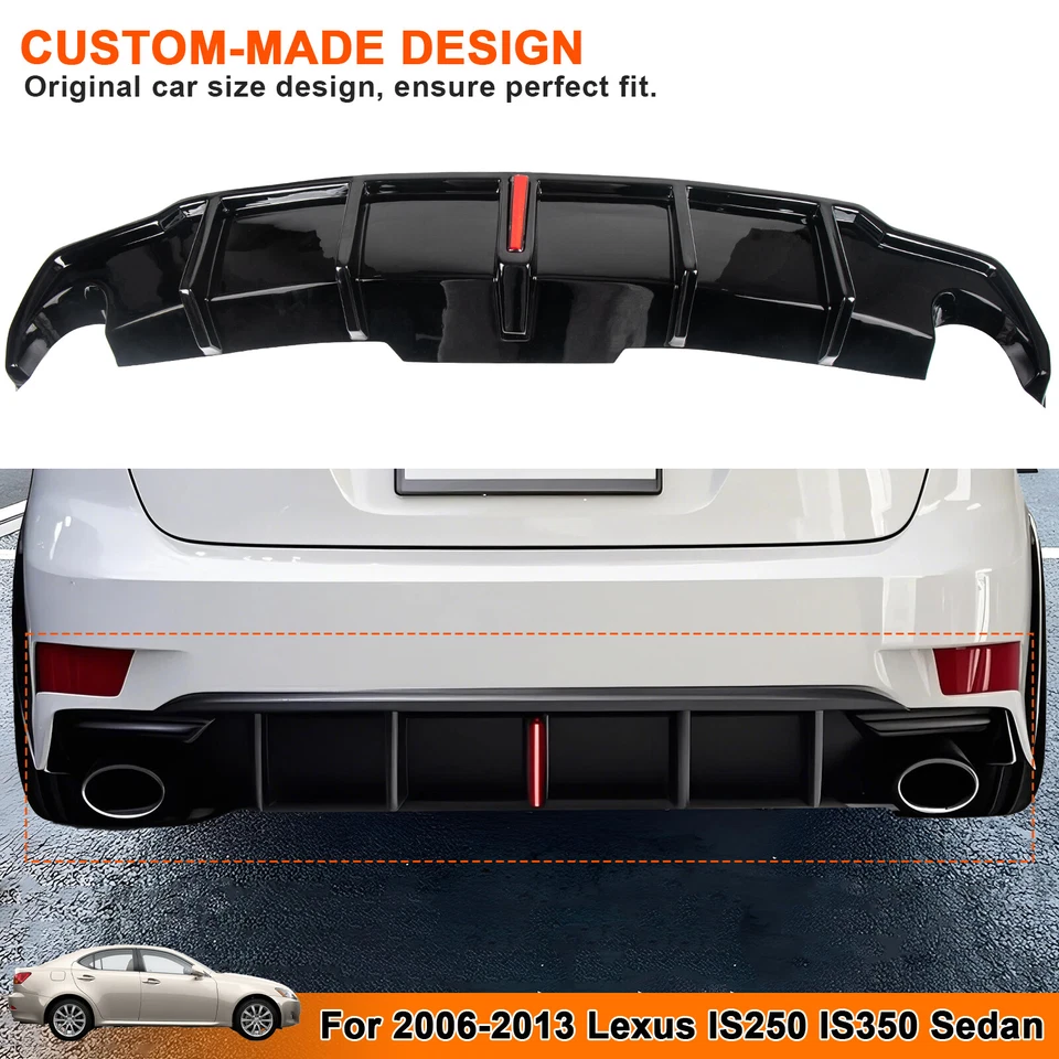 For 2006-13 Lexus IS250 IS350 Sedan Rear Bumper Diffuser W/Led Light Gloss Black Foto 3 de 4