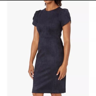 CALVIN KLEIN NAVY BLUE TULIP SLEEVE SHEATH DRESS
