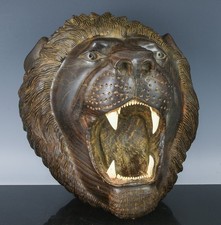INCREDIBLE VICTORIAN GERMAN BLACK FOREST CARVED WOOD LION HEAD WALL SCULPTURE