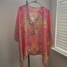 NEW JOHNNY WAS Nephi Silk Floral Butterfly Kimono Tunic Top O/S Pink Oversized