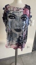 Tredy Damen Shirt Gr 2 bunt Glitzer Gesicht Print Cut Out Neuwertig