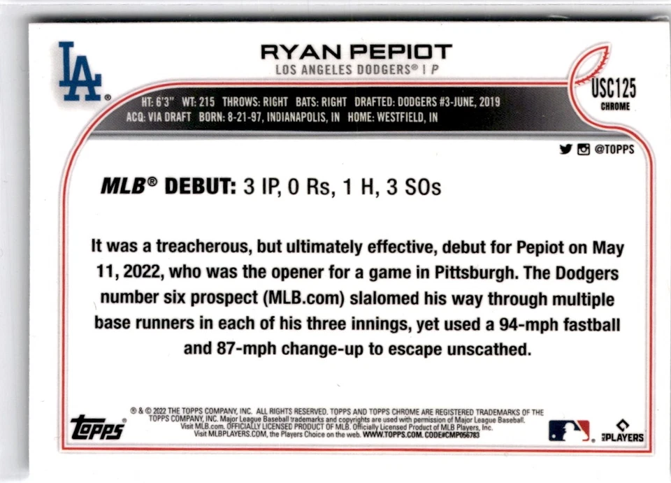 2022 Topps Chrome Update #USC125 Ryan Pepiot - Image 2 of 2