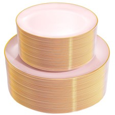 100PCS Pink Plastic Plates - Heavy Duty Pink and Gold Disposable for Party, W...