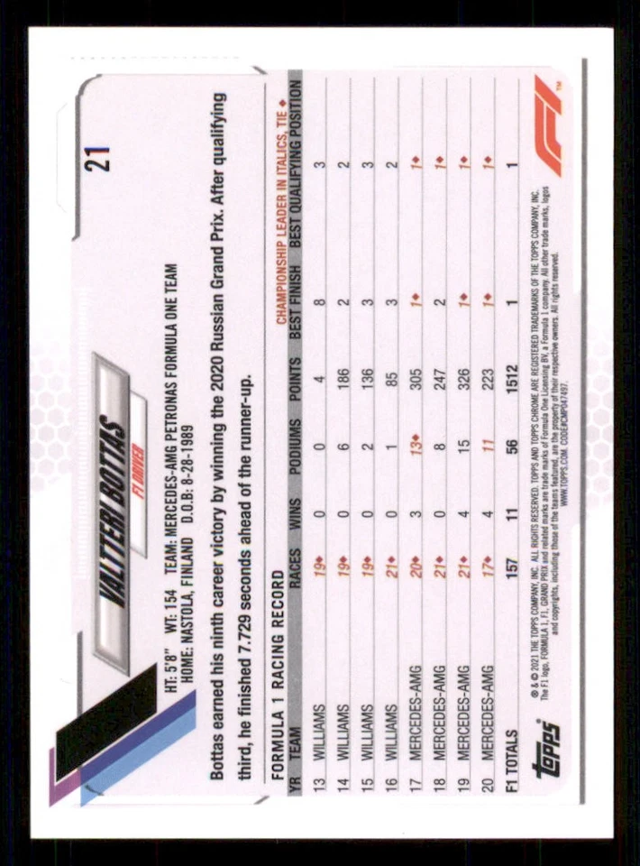 2021 Topps Chrome Formula 1 Purple Green Refractors #21 Valtteri Bottas - Image 2 of 2