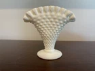 Small Fenton White Milk Glass Hobnail Fan Vase Ruffled Edge Vintage
