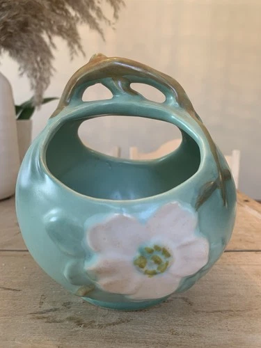 1930’s-WELLER-Art Pottery-VASE/BASKET-Wild Rose-Matte-Sea Foam Green