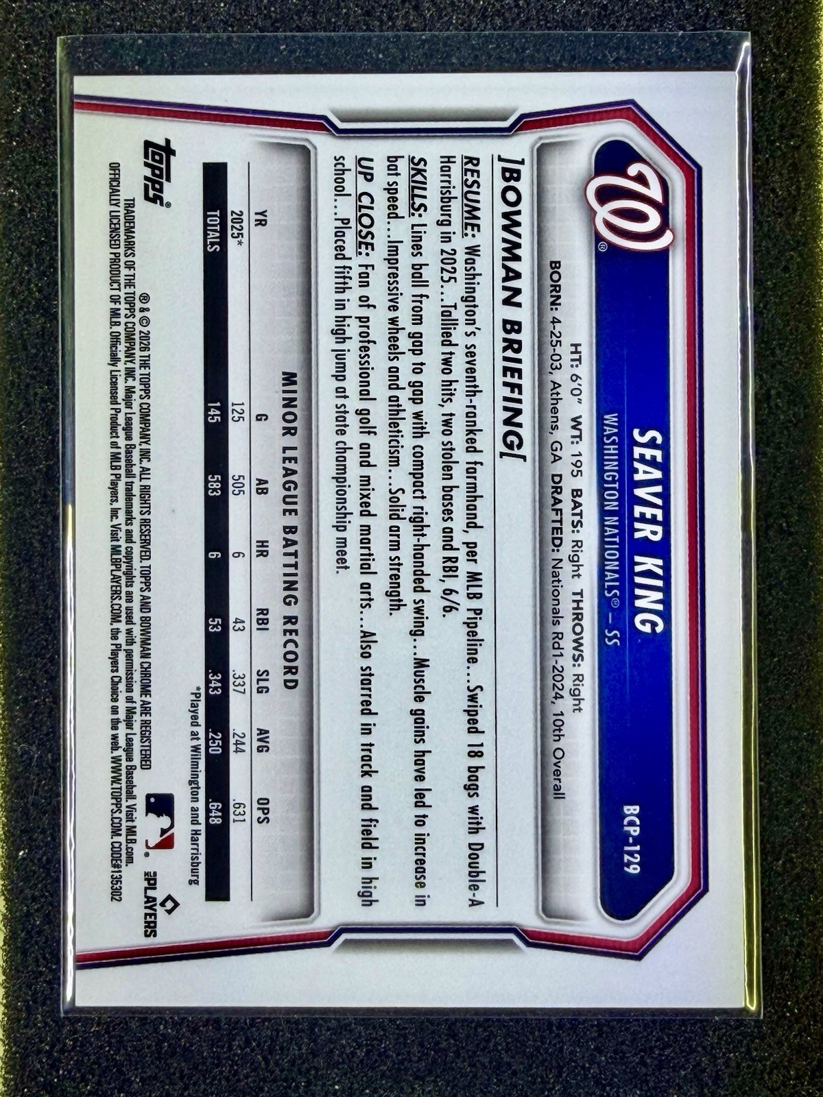 2026 Bowman Chrome Seaver King Green Reptilian Refractor /99 #BCP-93 Nationals view 2