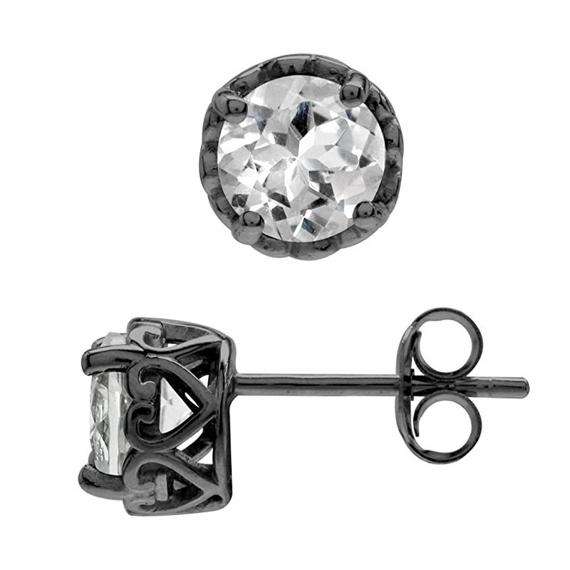 6 MM White Topaz Black Rhodium 925 Sterling Silver Victorian Stud Earrings