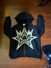 Black Full Zip Hooded Hoodie Sweatshirt Graphic Print Long Sleeve Size S