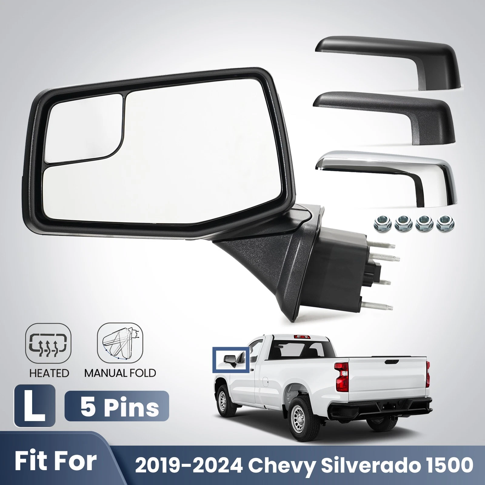Side Mirror For 2019-2024 Chevy Silverado 1500 Heated & Manual Fold 5 Pins Left