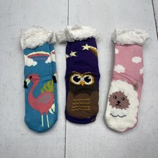 Slipper Socks Girls 6-8 3 Pack Multicolor Animal Print Sherpa Fleece Grip Lined