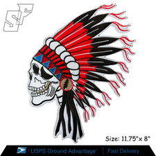 Indian Chief Skull Head Death Embroidered Patch Iron On Large 11.75x8