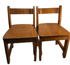 Vintage Solid Oak Wood School Chair Child Size Saddle Seat Classroom Set of 2