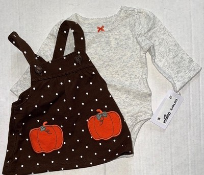 CARTERS 2 piece set heather gray/brown/polka dot FALL PUMPKIN motif size NEWBORN