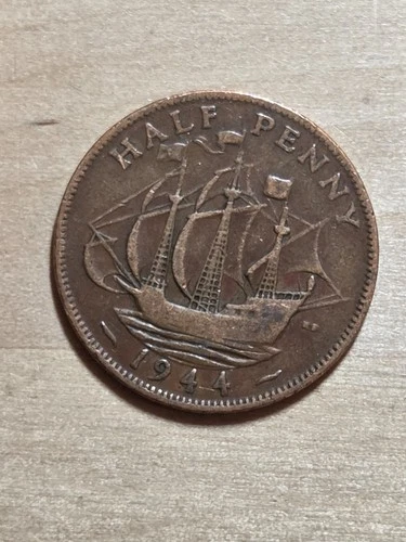 Great Britain 1/2-Penny, 1944. KM# 844, bronze. King George VI. Three-Mast ship.