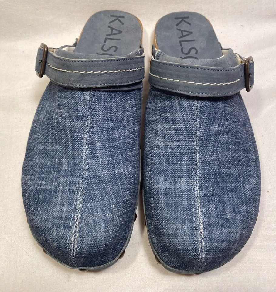 NEW KALSO Women sz 9 Shanti BLUE FABRIC DENIM Mules Clogs Negative Heel - Image 3 of 4