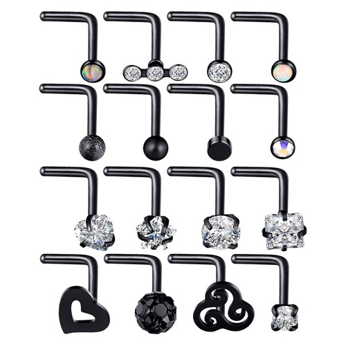 16Pcs Curved Nose Stud Surgical Steel Nose Ring Crystal L Bend Stud Piercing 20G - Picture 3 of 31
