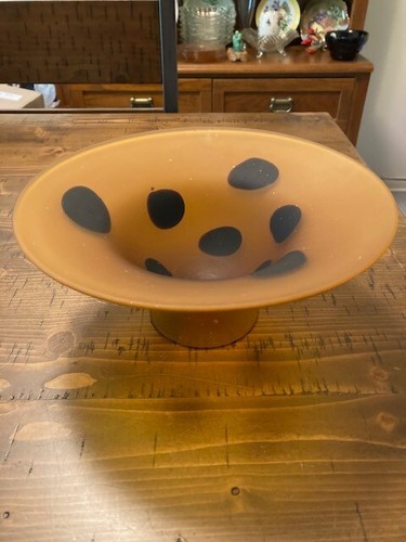 Frosted Amber & Brown Animal Print Handblown Art Glass Pedestal Bowl - Picture 2 of 4