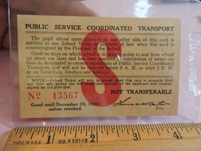Seltener 1934 PSNJ Studentenpass öffentlicher Dienst New Jersey koordinierter Trolley