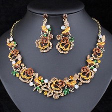 Bird  Rose Austrian Crystal Rhinestone Necklace Earrings Set Prom Bridal N920g