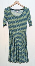 Lularoe Nicole Fit and Flare Dress Womens M Green Blue Geo Print Stretchy Boho