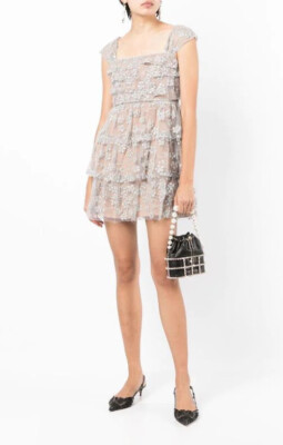 self portrait embroidered frill mini dress Presley Embroidered Frill Dress Steel White S main image 1