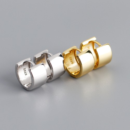 Woman REAL S925 Sterling Silver Wide Huggie Hoop Earring Clip 1 Pair Glossy - Picture 4 of 10