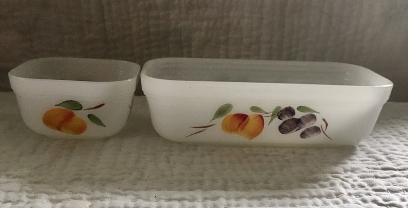 Vintage Fire King Gay Fad Fruit White Loaf Pan & Refrigerator Dish No Lids USA