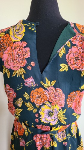 Chiffon D. Olive Green Red Floral Print Round Neck shorts sleeve Maxi dress NEW - Picture 5 of 7