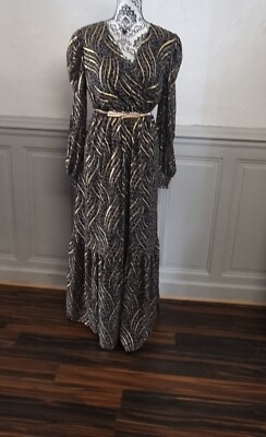 langes Sommer- oder Festkleid fließend schwarz geblümt und gold Gr. 36/38 Langarm