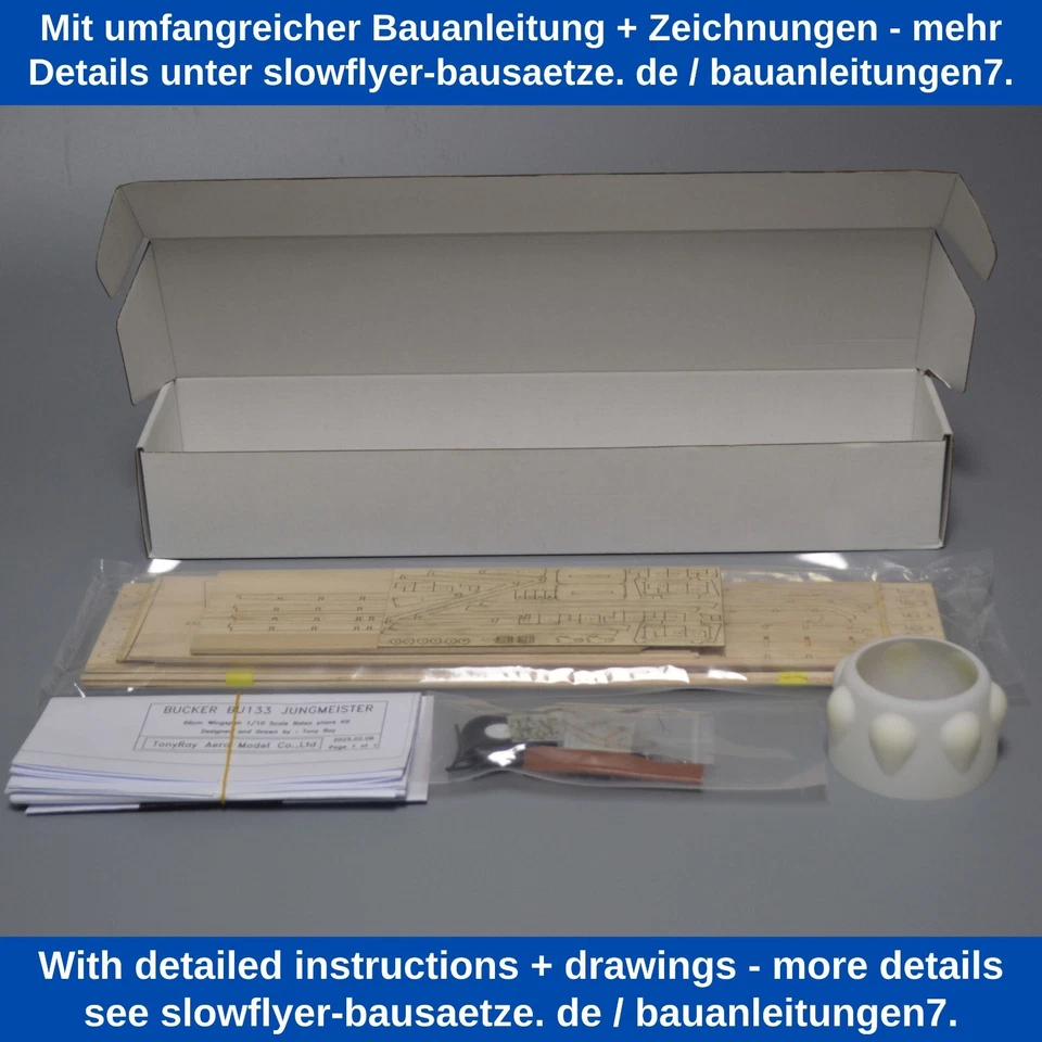 Bücker Bü133 Jungmeister Modellflugzeug Kit 1:10 660mm Spannweite Lasercut Holz - Bild 4 von 4