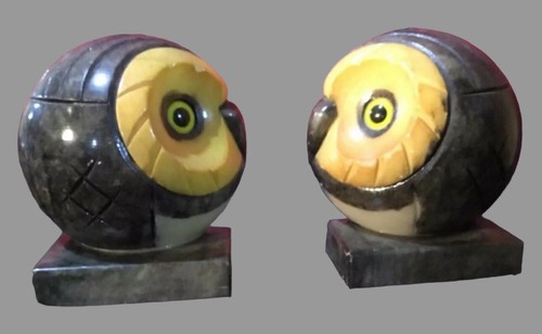 Pair of Vintage Carved Marble Alabaster Glass Eyed Figural Owl Head Bookends - Picture 6 of 8