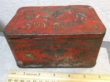 vintage Union Leader Cut plug EMPTY tobacco tin, great man cave decor, dinged up