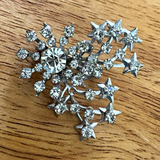 Silver Tone Starburst Cluster Clear Crystal Rhinestone Celestial Brooch Pin