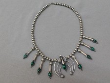 Vintage Navajo Sterling Silver Squash Blossom & Naja Necklace w/ Malachite 18"